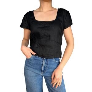 House of Harlow 1960 Linen Top Black Square Neck Short Sleeve Women’s Medium